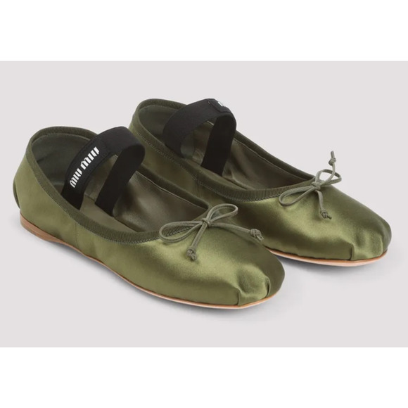 Miu Miu Satin Oliva Green Black White Logo Strap Ballet Ballerina Flats 39.5 - Picture 7 of 16